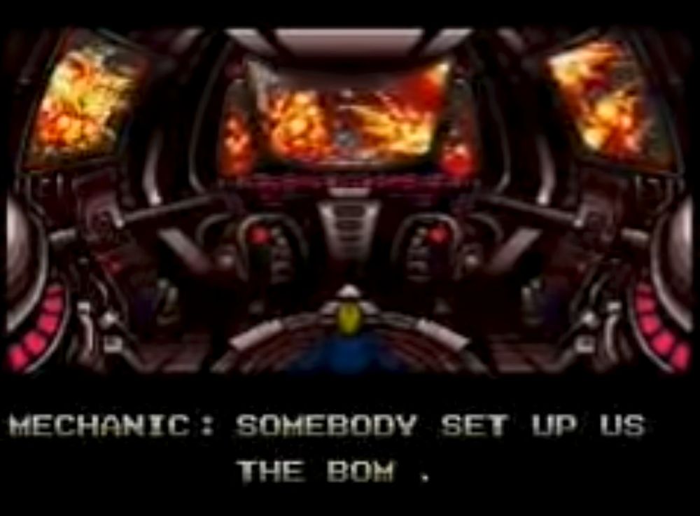 "all your base" meme. A bridge of a vehicle of some kind is shown with explosions outside the windows.

Text has been modified to read:

MECHANIC: SOMEBODY SET UP US THE BOM .