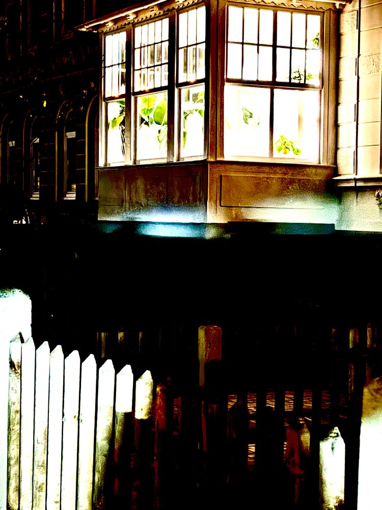 Im starken Hell/Dunkel Kontrast sind bei dieser Nachahme ist im Bereich hell beleuchtet ein Zaun zu sehen, dahinter befindet sich ein sehr dunkler Vorgarten über dem sich sehr hell erleuchtet der Wintergarten und seitlich links ein Teil der Hausfassade zu sehen ist 