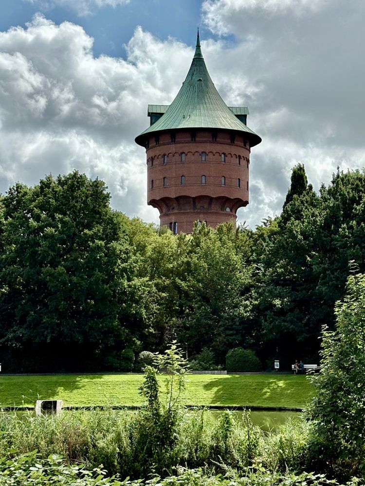 Hinter einem parkartigen Vorder-und Mittelgrund zwischen hohen Bäumen ragt vor einem bewölkten Himmel die Turmspitze von einem historischen Wasserturm empor 