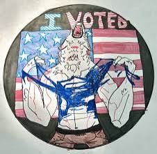 Michigan "I voted" sticker, which has a werewolf ripping off his shirt in front of the American flag 
