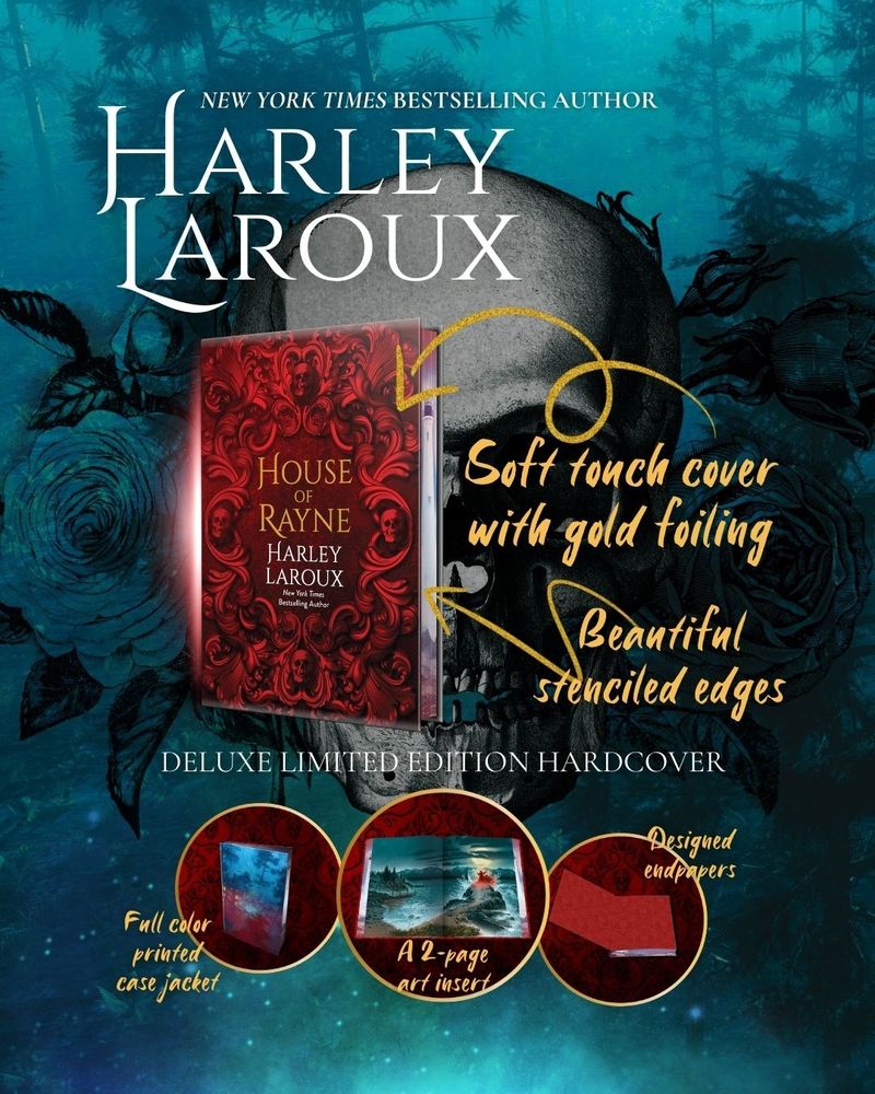 A display of the upcoming sapphic romance publication from Harley Laroux. The hardcover book for House of Rayne features stenciled edges, soft touch cover with gold foiling, full color printed case jacket, 2-page art insert, and designed endpapers.