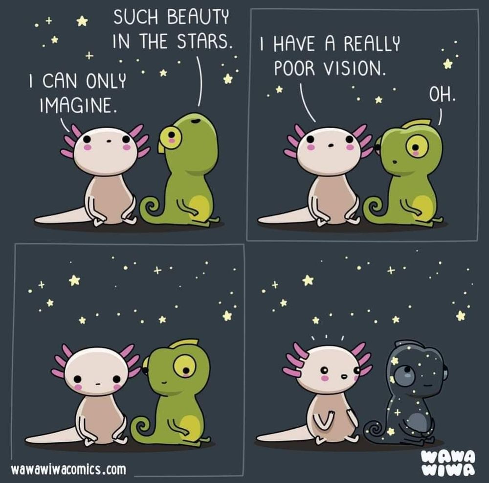 Cartoon drawings of a conversation between an axolotl and a chameleon, looking up at the night sky. 
Chameleon says 'Such beauty in the stars.'
Axolotl says 'I can only imagine. I have a really poor vision.'
Chameleon says 'oh' and looks sad. 
Chameleon changes colour to look just like the sky and the axolotl is amazed.
