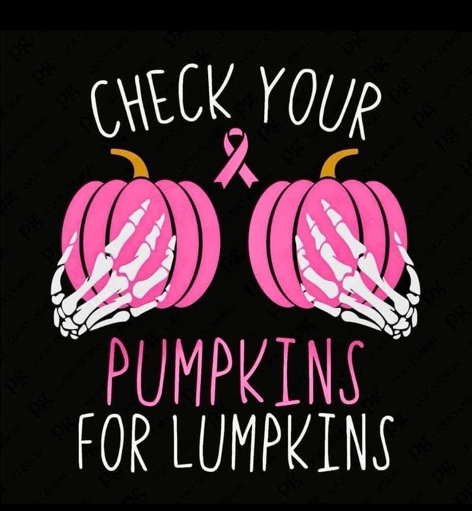 Drawing of 2 skeleton hands holding 2 bright pink pumpkins. 
Text reads: Check your pumpkins for lumpkins