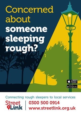 Poster for Street Link support helpline. Simple drawing of trees at night with a bright street light shining on them. Text reads: Concerned about someone sleeping rough? Connecting rough sleepers to local services. Street Link. 0300 500 0914 www.streetlink.org.uk
