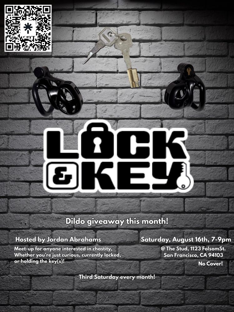A flyer with a grey brick walled background featuring the August Lock & Key chastity social. There’s a brief description of the event and a QR code to their linktree information 