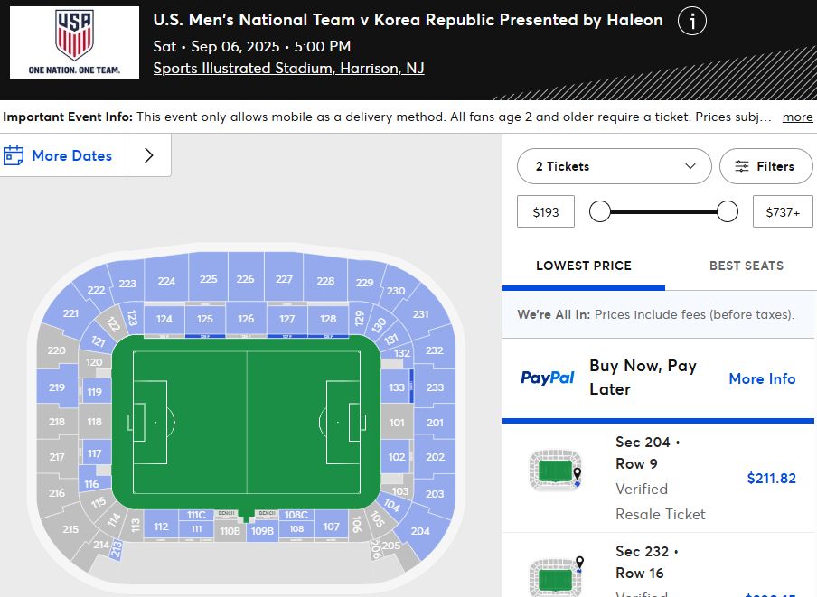 A screenshot of the Tickermaster page for the USMNT friendly vs South Korea on 9/5/25 showing the lowest ticket is over $200