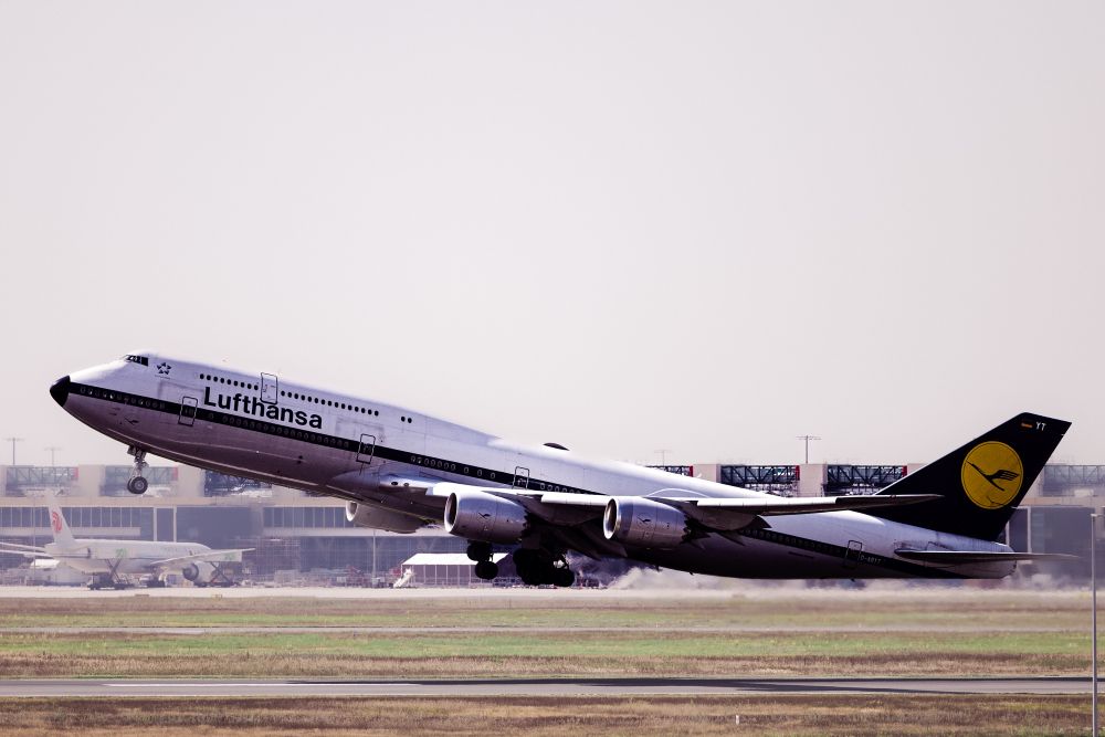 A close-up photograph of a 747–8 with the Lufthansa retro livery taking off at Frankfurt airport.

The airplane is in the middle of the frame and it’s wheels are just touching up off the ground and the plane is pointed towards the sky. There is a blurred background of aircraft and the airport itself.