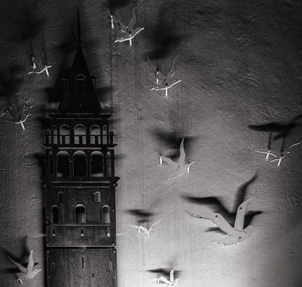 A black-and-white photograph features a metal silhouette of a historic tower, likely inspired by the Galata tower, mounted on a textured wall. Around it, several flat, metal bird cut outs appear to be flying, with their shadows cast onto the wall, creating an illusion of movement. The lighting enhances the contrast, making the shadows appear almost as real as the objects themselves.