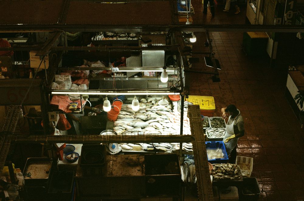 A fish market stall viewed from above, illuminated by bright hanging lightbulbs. A vendor wearing an apron and gloves sorts through seafood in blue plastic crates. The counter is packed with fresh fish, arranged a neat piles, reflecting the artificial lighting. Surrounding the stall, various red and yellow plastic bins and baskets, hold seafood, and market supplies. The market floor is tiled and slightly wet, while other stalls and customers visible in the background, though dimly lit.