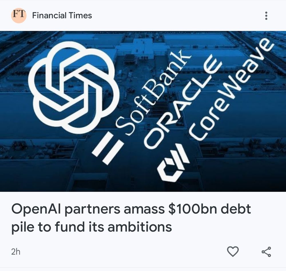 A Financial Times news capsule that reads "OpenAI partners amass $100bn debt pile to fund its ambitions".