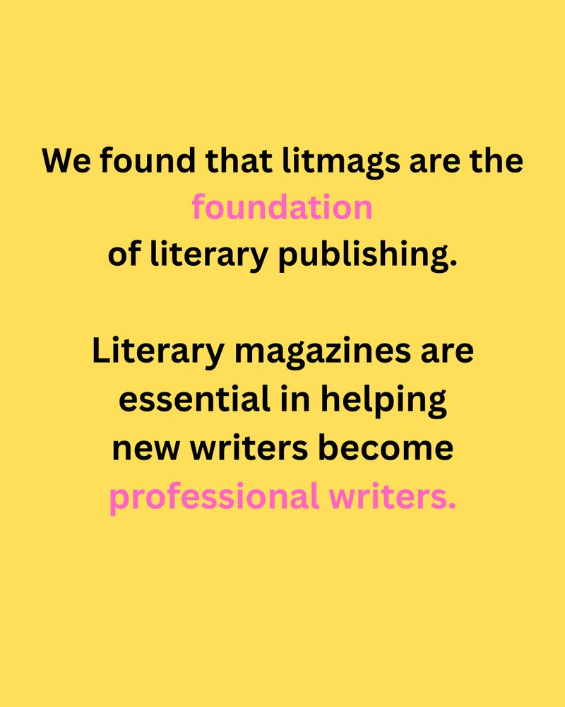 Yellow background. Text says" We found that litmags are the foundation of literary publishing. Literary magazines are essential in helping new writers become professional writers."