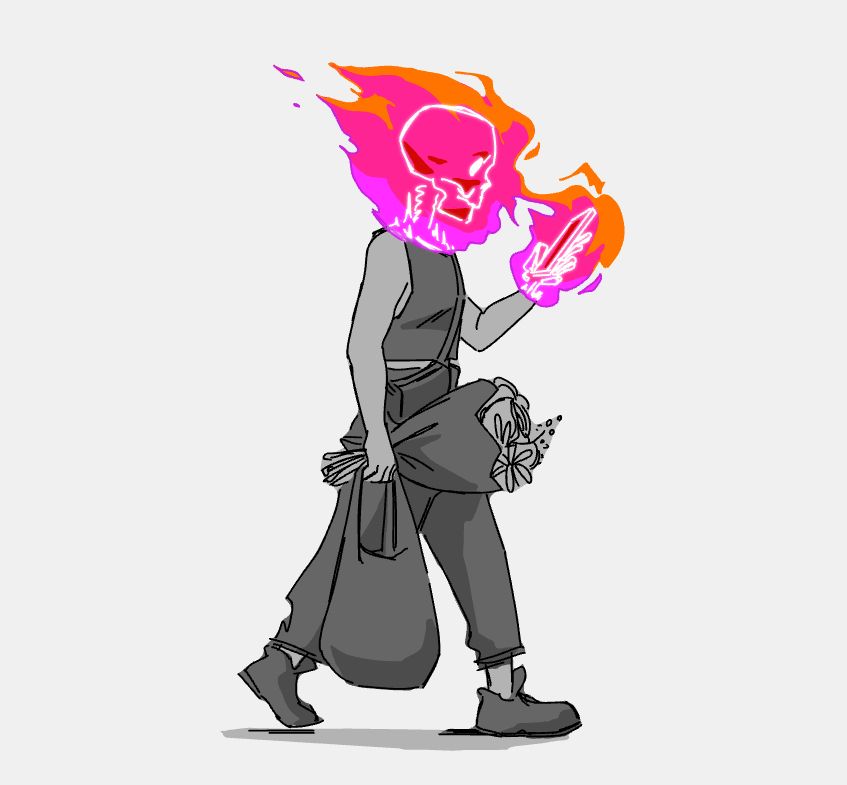 drawing of the artist full body walking in profile holding a bag and bouquet of flowers, her head and hand is in a neon color fire, her head/hand reduced to skeletal form