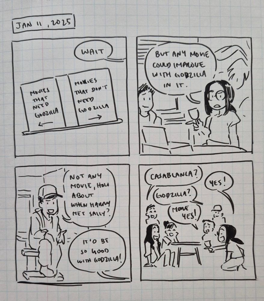 A 4 panel comic of a board night session with friends. First panel shows a card that says 'movies that need godzilla' and 'movies that don't need godzilla'. 

I say, "Wait, but any movie could improve with godzilla in it." 

My partner says "not any movie, how about when Harry met sally?" "It'd be so good with Godzilla!" 

"Casablanca?" "Yes! "Godzilla?" "More yes!"