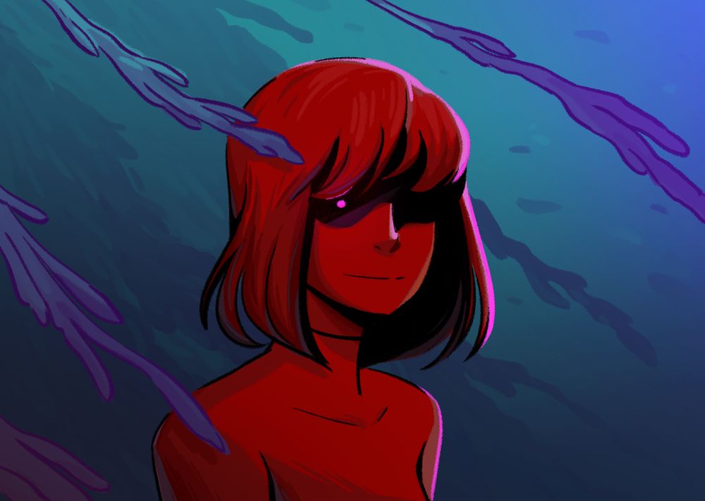 a red girl with her face obscured stares at you through leaves of a willow tree, colored like the bottom of the ocean. a pink light peeks out of where her eye should be