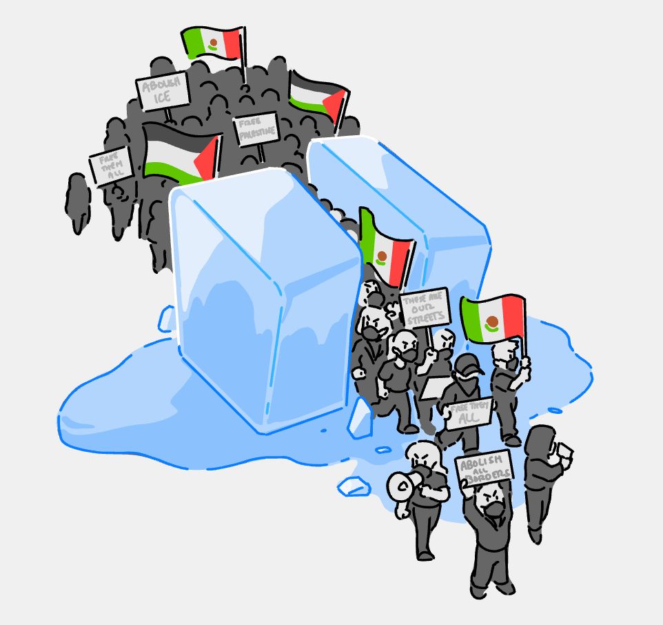 an illustration of a group of masked protestors walking through a divided and melting ice cube, carrying protest signs, Mexican and Palestinian flags
