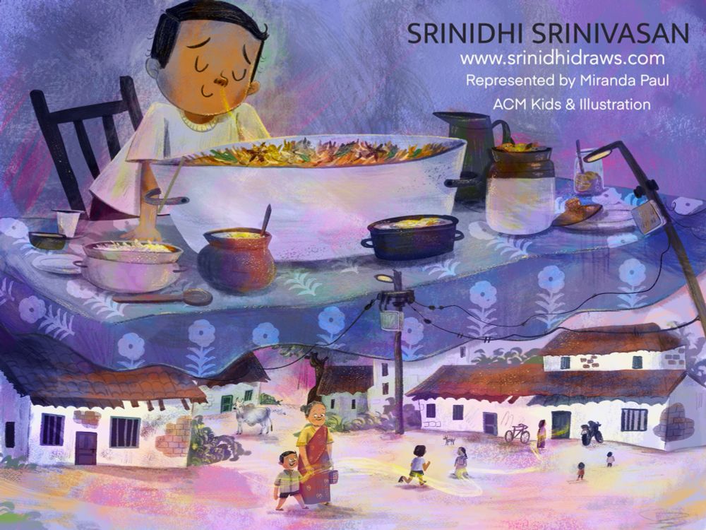 Kidlit illustration of a boy travelling to a memory via food