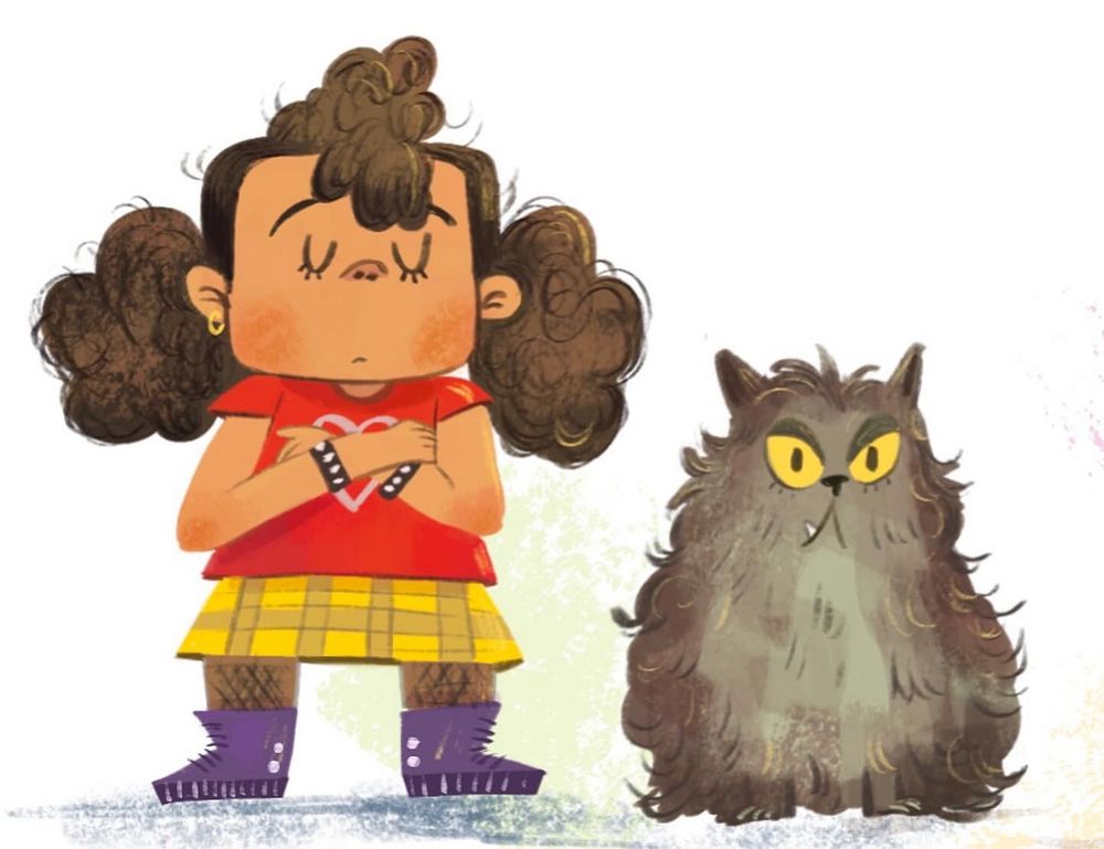 Kidlit art of a girl and her grumpy cat