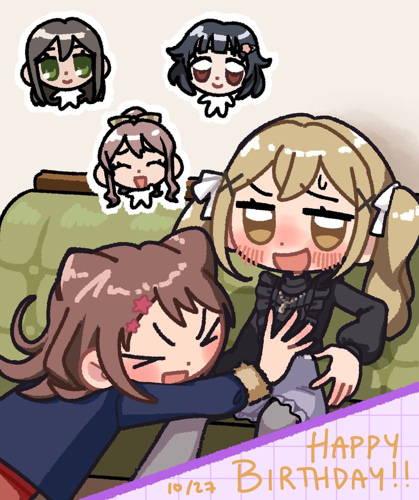 A digital illustration of Poppin Party from Bandori. Arisa is sitting on her couch, while Kasumi jumps towards her for a hug. Rimi, Tae, and Saaya watch the sweet scene as chibis. Text in the bottom right corner says “Happy Birthday!! 10/27.”