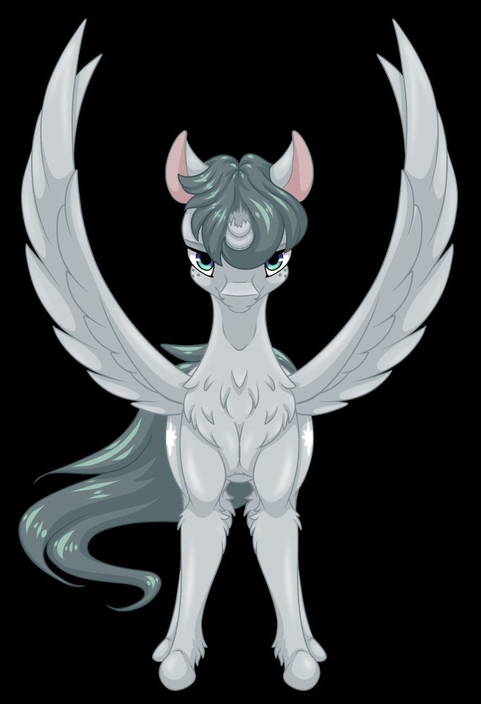 A grey alicorn pony with a broken horn