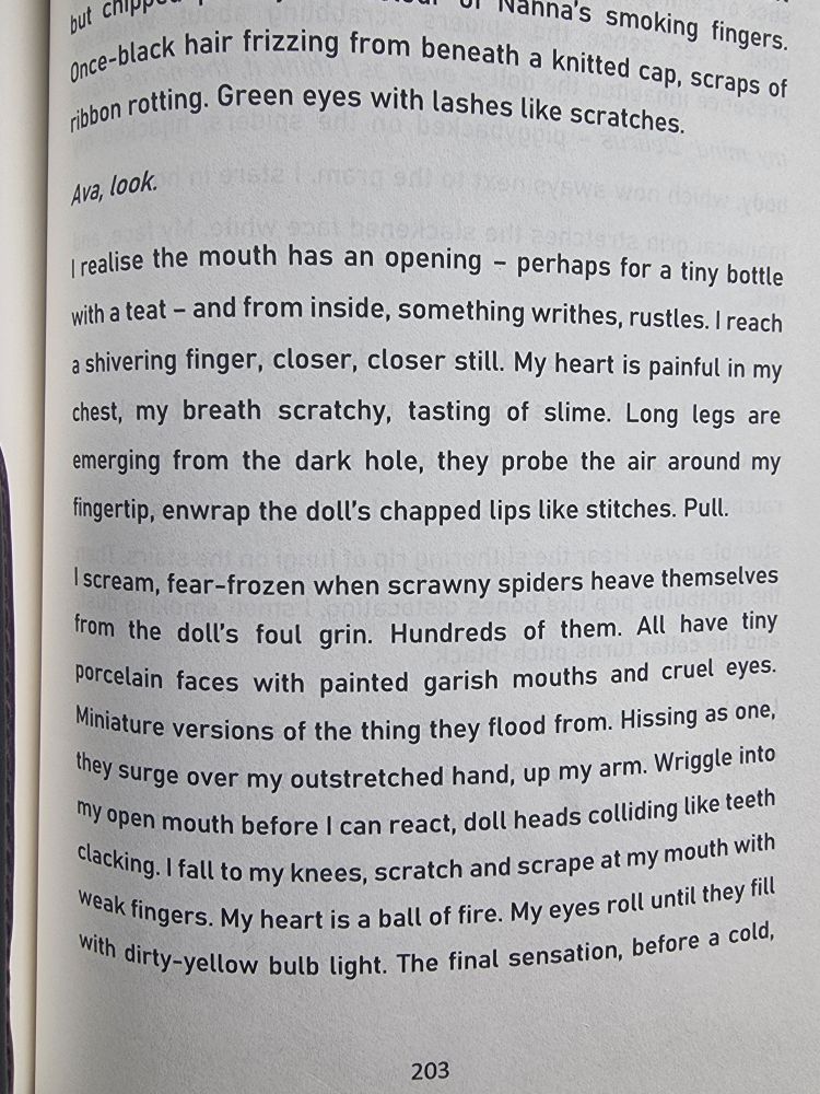 A photo of text from Sick Ink, describing spiders pouring out of a doll's mouth.