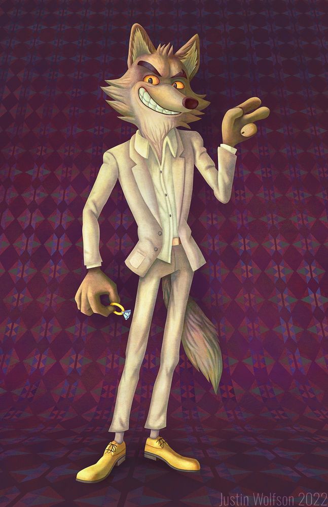 a digital illustration of Mr. Wolf from the dreamworks animated movie The Bad Guys, who wears a light suit and wears pale yellow shows. He sneers towards camera holding a diamond ring in one hand and gestures in the other. He stands on an abstract repeating purple diamond background.