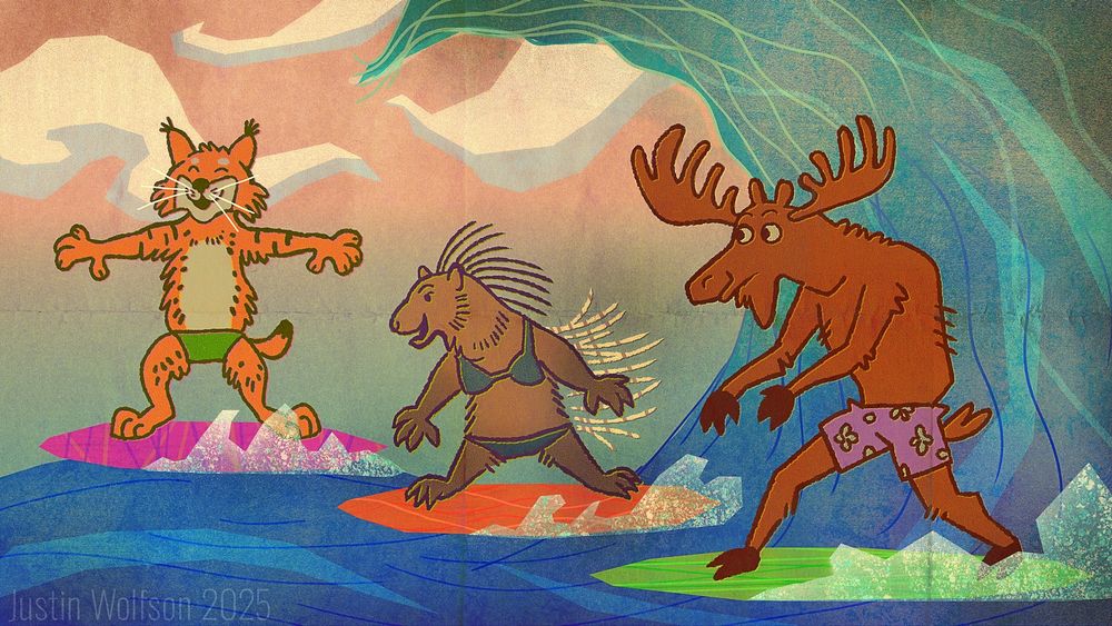 a cartoon illustration of three surfing anthropomorphic cartoon animals riding a large blue wave. an orange bobcat holds his arms out and rides a magenta surfboard with closed eyes. a brown crested porcupine balances herself on an orange board, and a dark brown moose leans forward with both arms on a green surfboard. behind them is a pale sunset with wispy light blue clouds  