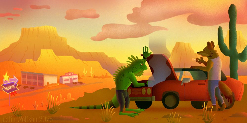 a digital illustration depicting an anthropomorphic cartoon iguana and an anthropomorphic cartoon coyote standing near a broken down car in the desert. the iguana inspects smoke coming from the engine while the coyote looks off into the distance of the desert while smoking a cigarette looking pensive, observing a roadside motel and diner that are the only visible buildings dotting an otherwise empty and desolate looking landscape. the coyote is pondering what it must feel like to live life in a location like this while the car is being fixed.