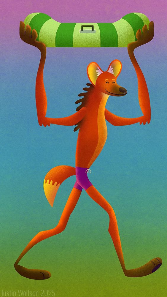 a stylized illustration of an anthropomorphic maned wolf wearing a purple swimsuit who holds a green striped inner tube with handles above his head.