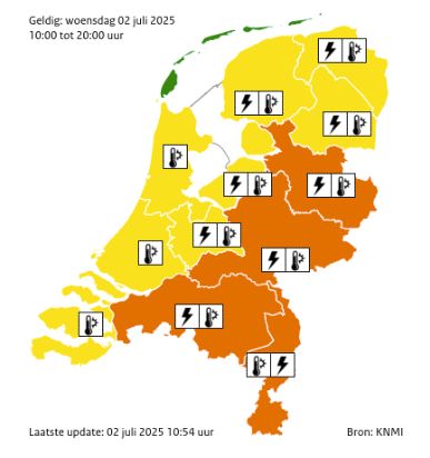 Code oranje voor hitte en onweersbuien in: Limburg, Noord-Brabant, Gelderland en Overijssel. De rest van het land geldt code geel.
