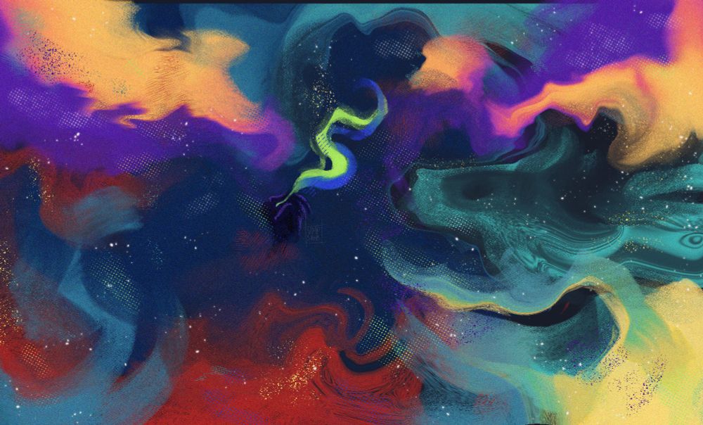 A boy in dark blue cries tears of bright green and blue against a navy blue, red, and yellow background. He’s surrounded by swirls of yellow, purple, teal and blue.