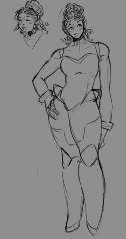 A full body sketch of Princess Allura from Voltron: Legendary Defender. She has a soft smile with her hand on her left hip. There a sketch in the top left corner of Allura smiling.
