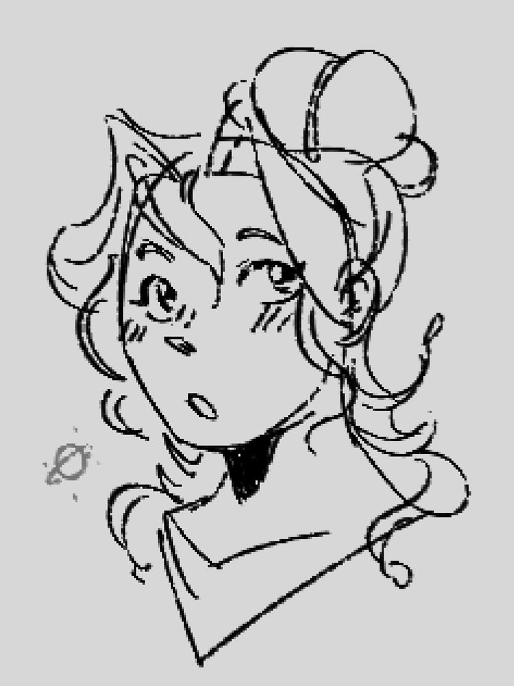 A sketch of a woman looking wide eyed at the camera, with her mouth slightly open.