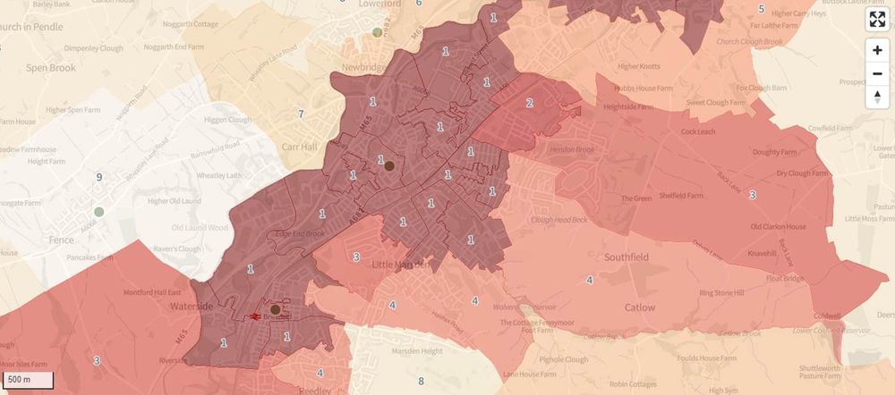 A map of a part of Lancashire with areas shaded to show darker colours representing greater deprivation