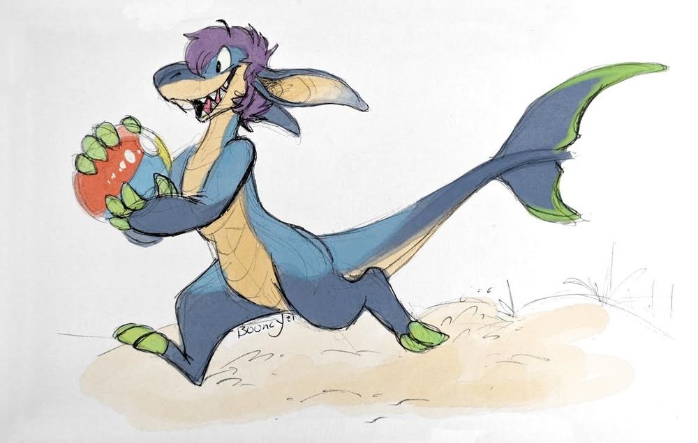 a sketchy picture of my shark/lizard fursona, chomper, holding a beach ball and running along some sand drawn in a toony style 