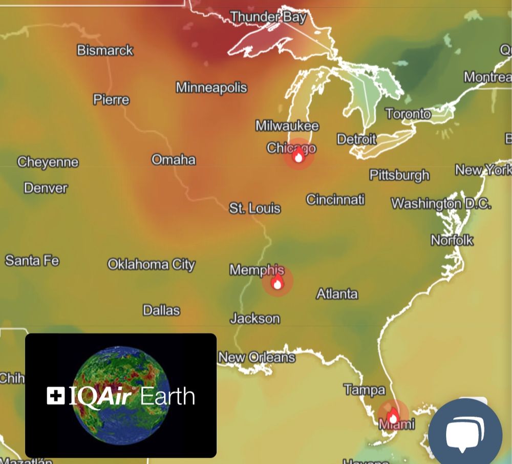 air quality map of the central and eastern US showing the entire country's air quality is fucked except for like Memphis and Nashville and Toronto in canada