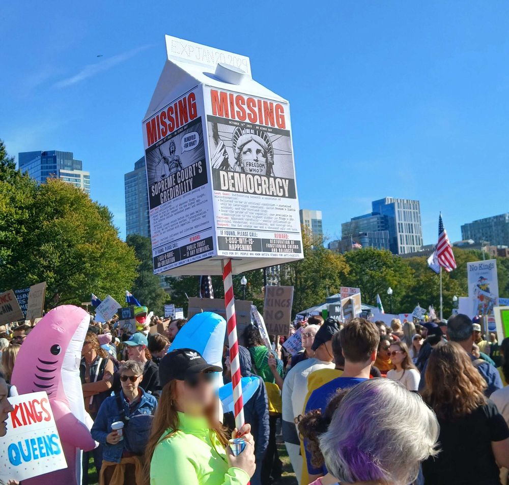 A very funny large milk carton in 3D, with two sides visible. One says 

MISSING
Supreme Court's Credibility
[it has a lot of smaller text below that]
at the bottom it says:
IF FOUND, PLEASE CALL
1-800-U-HAVE-AN-OBLIGATION

REWARD:
PUBLIC TRUST
--IF ANY REMAINS

Another panel says
MISSING
DEMOCRACY
[small text again]

A pink shark is off to the left among all the other protestors.