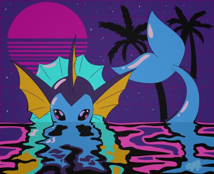 Vaporeon using Acid Armor in a retro 80s setting. It's nighttime and the moon is out.