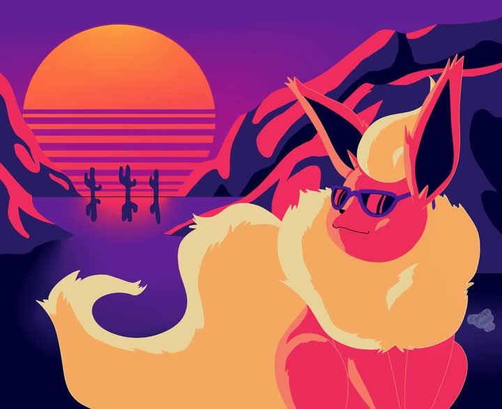 Florence with sunglasses on. It's in the desert, with a large vaporwave sun setting behind it.