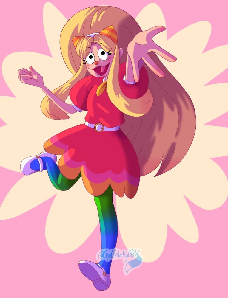 Julie Joyful cheerfully dancing around in her usual outfit.