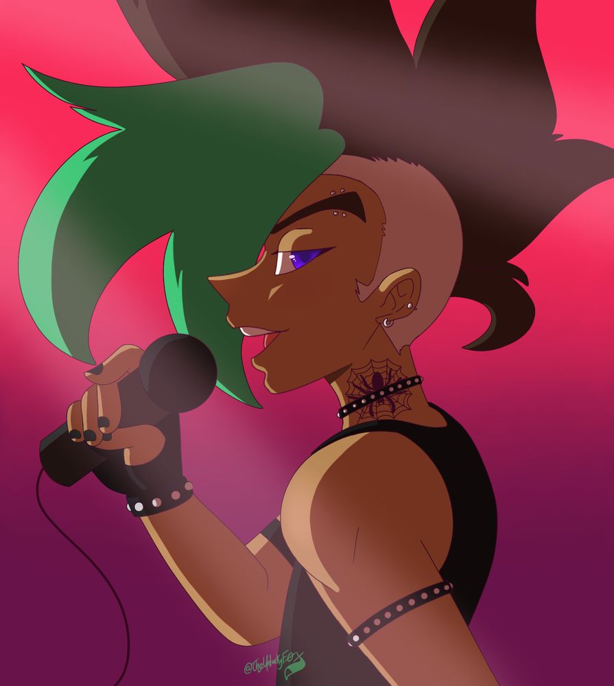 A drawing of Aaron Fusco singing a song. He's facing the left, but his eye is on the viewer.