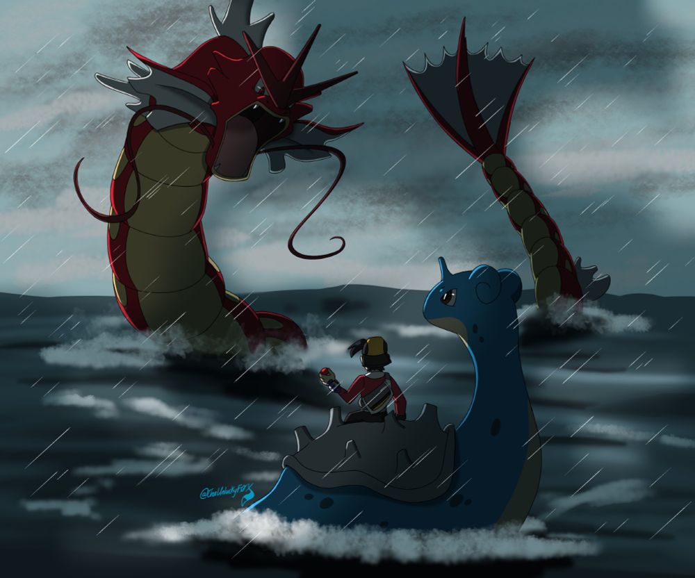 Ethan on his Lapras confronting the red Gyarados on the Lake of Rage. A storm clouds the sky.