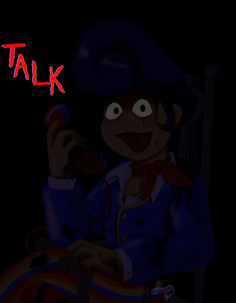 Wally Darling sitting in a chair while looking at the viewer while smiling. He has a phone in his right hand, and is covered with black goo. The word TALK is in the upper left corner.