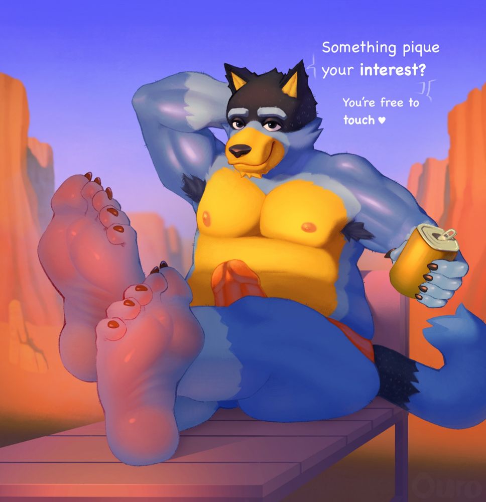 Bandit Heeler, a blue-and-yellow anthro dog, relaxed on a chair in the outback. He's only wearing tight, red shorts.

In his left hand, he's holding a beer, and his right hand is behind his head, putting his hairy armpit(s) on full display.

Half of his body is in sunlight, leaving the head of his thick, girthy cock partially lit. He's got this dumb smirk, as if he's fully aware that his giant, musky (and visibly steamy) feet, which are lit up by his car, are taking up a significant portion of the screen. (he knows what you are)

He says "Something pique your interest?", followed up by "feel free to touch ❤"

