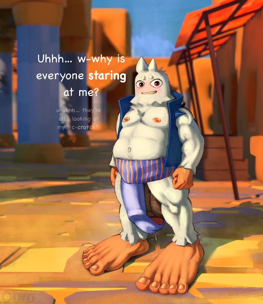 A sasquatch (yes, that's what he is) is standing in front of a small marketplace. He has a perplexed, yet flustered expression. Beads of sweat are visible o his forehead.

He's wearing a blue vest and a striped blue-and-orange "loincloth". His loincloth can barely contain his massive  "meat-slab" of a dick, which is leaking a lot of pre.

His giant, bare feet glisten with sweat in the sunlight, and a subtle mist is emanating from them.

He asks the viewer "Uhhh... w-why is everyone staring at me?", and then whispers "u-uhhh.... they're looking at my... c-crotch?!"

#furryart