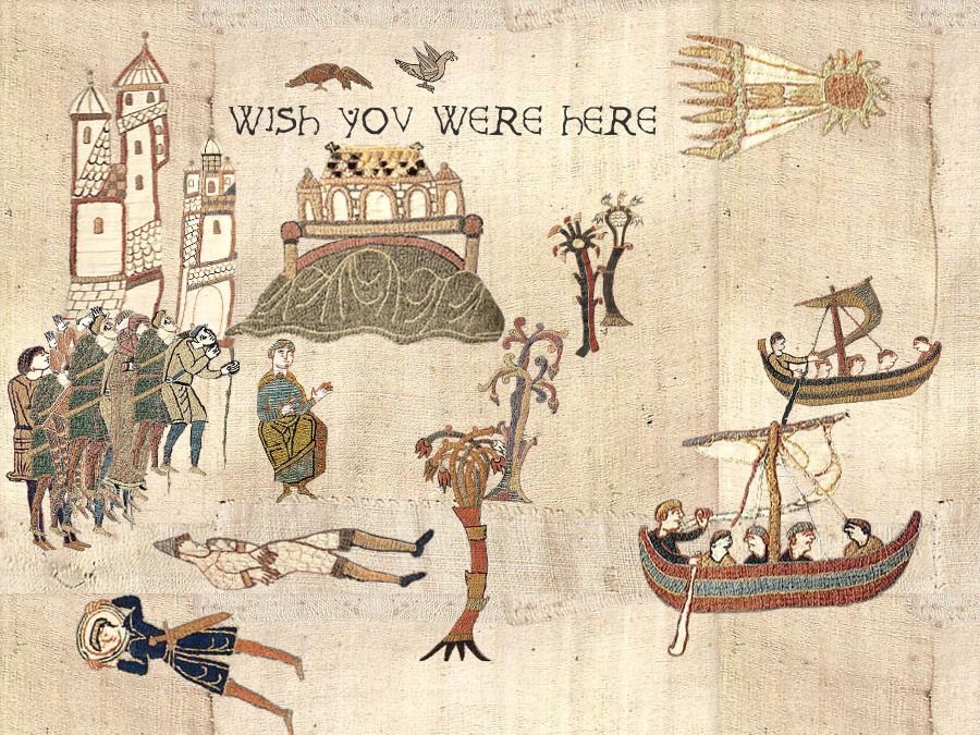 A Bayeux Tapestry version of a summer holiday postcard wishing you were here on a sunny day at the seaside during the Norman conquest.