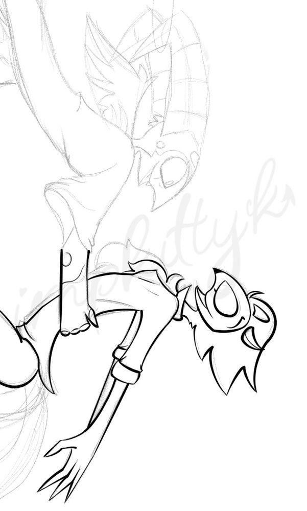 Blitzø and Stolas from Helluva Boss free falling, Blitzø reaching down to hold Stolas while they both are smiling