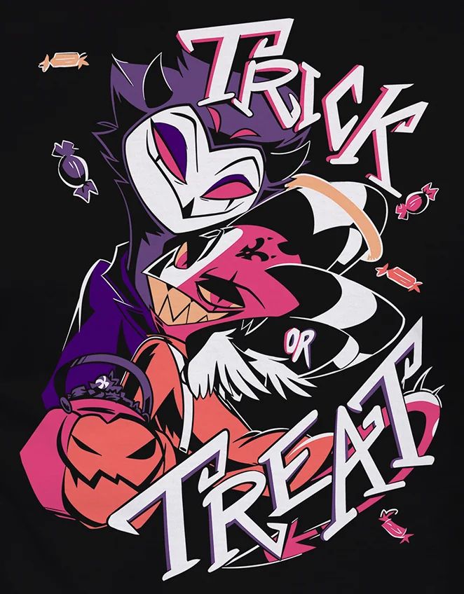 Vivziepop Halloween t-shirt design for Helluva Boss. Stolas and Blitzø embracing with smirks towards the viewer. Halloween pumpkin pale and candy surround them. Words “trick or treat” displayed. 
