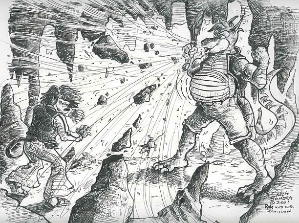 Kobold Keesh and Ralph the Canine re-enacting a scene from Dragon Ball Z where a space creature sucks up the environment and energy around him, swelling massively in the process.

#FurryInflation #InflationFurries #Furries #Inflation