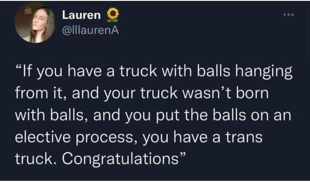 “If you have a truck with balls hanging from it, and your truck wasn't born with balls, and you put the balls on an elective process, you have a trans truck. Congratulations"