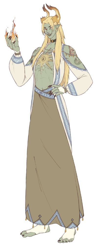 Character art of a green female horned orc in white and brown robes holding a flame in her right hand.